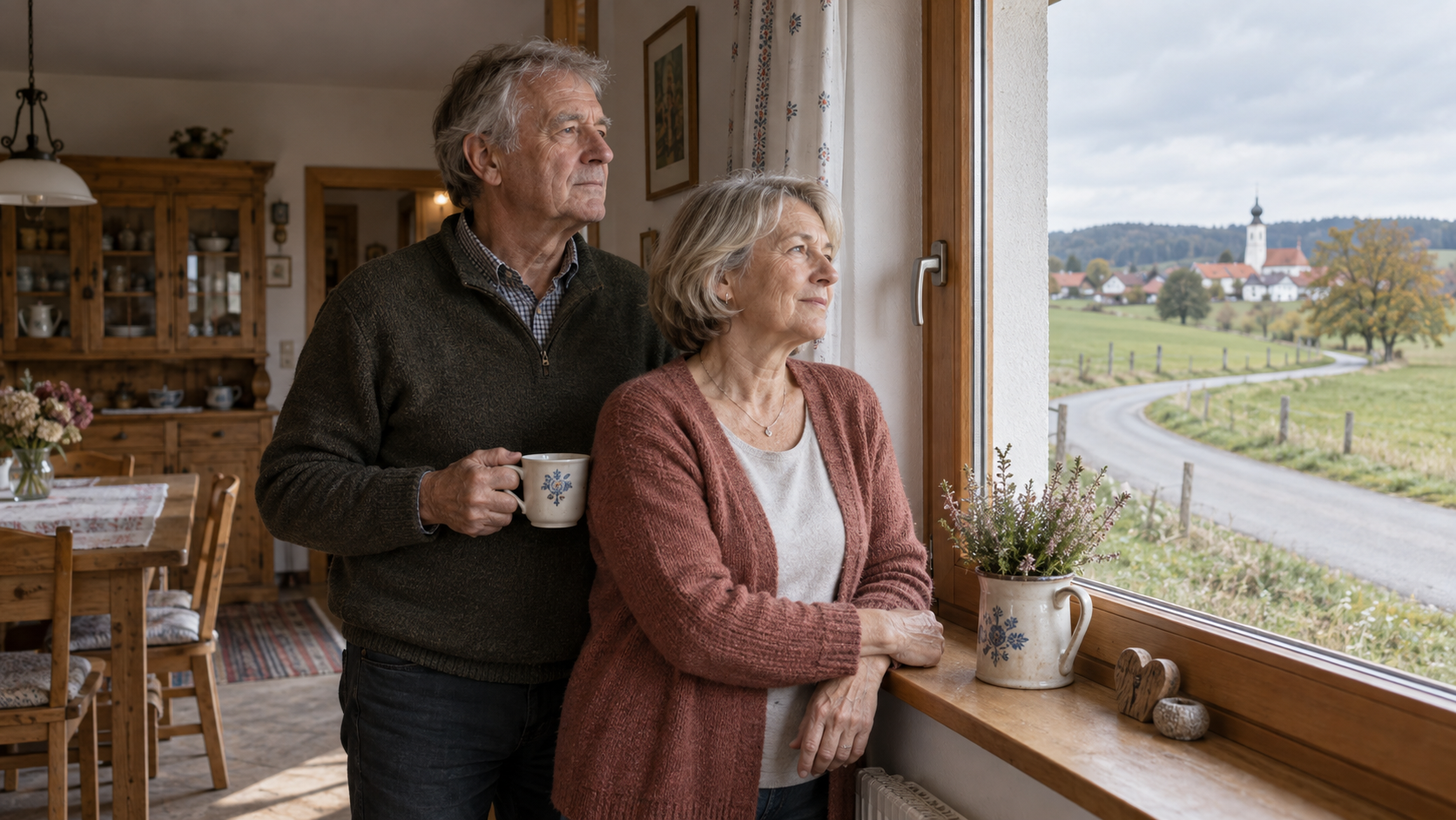 Älteres Paar blickt aus seinem Haus auf eine lange Straße zu einem bayerischen Ort